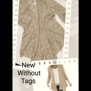 Woman Within Loose Knit Cotton Ramie Cardigan Waterfall Draped Sweater Tan Lg